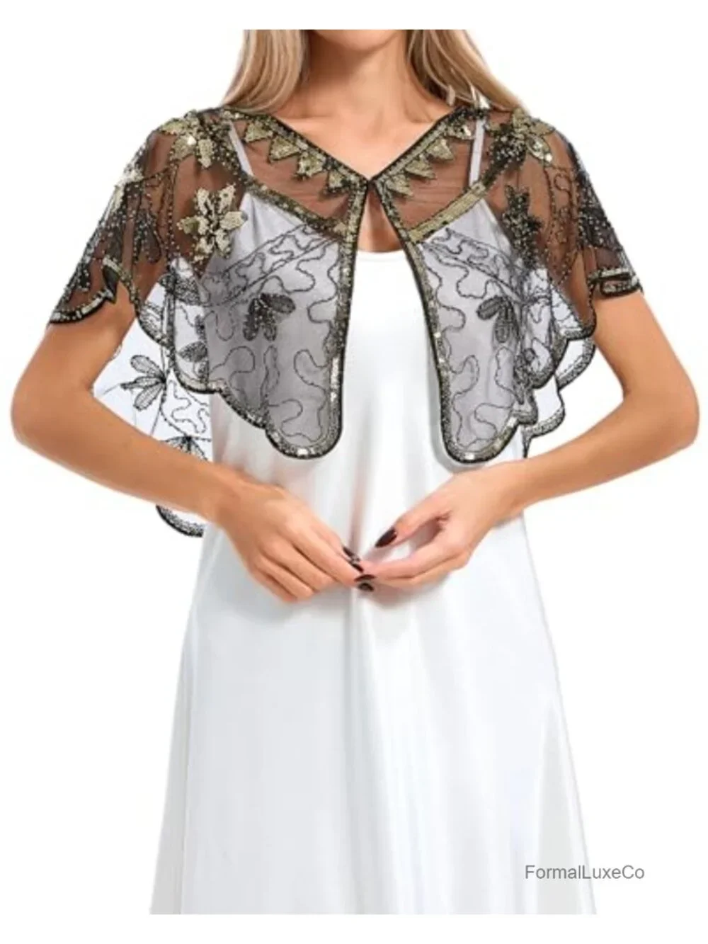 Sequin Embellished Fringe Capelet Shawl Gatsby Party Wrap